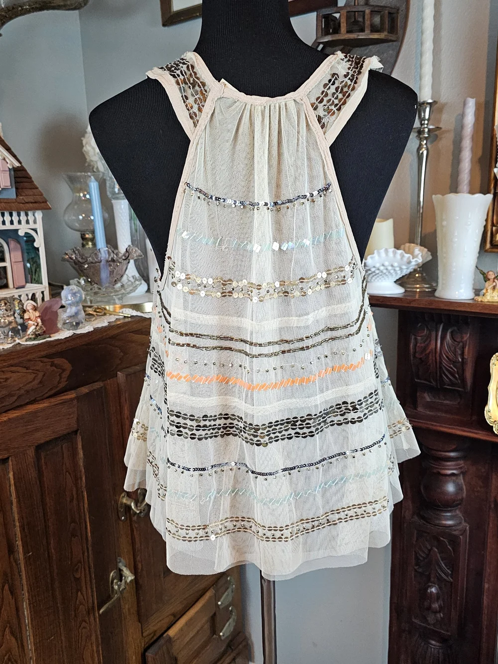 Free People Mercury Mesh Embellished Sequin Beaded Tank Top ivory XS